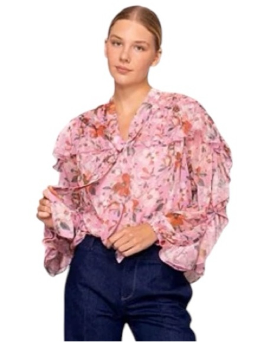 NWT MELLODAY Pink Floral Ruffle V-Neck Blouse W/ Tie. Sz. XL